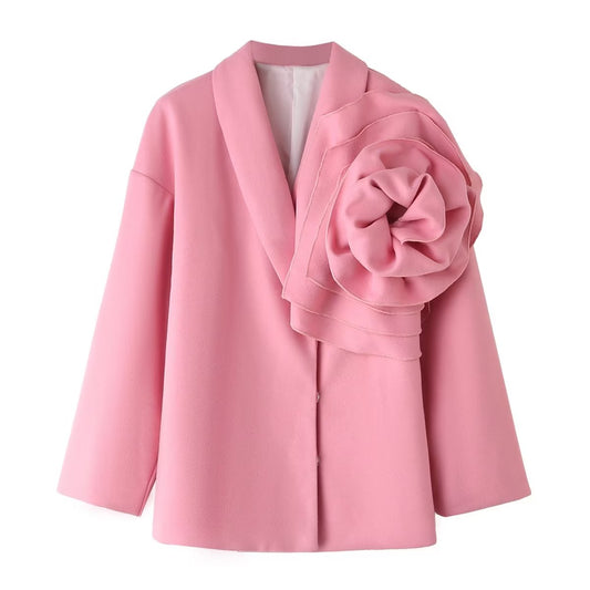 Blazer de lana rosa para mujer, decoración Floral tridimensional occidental de moda de invierno, combina con todo