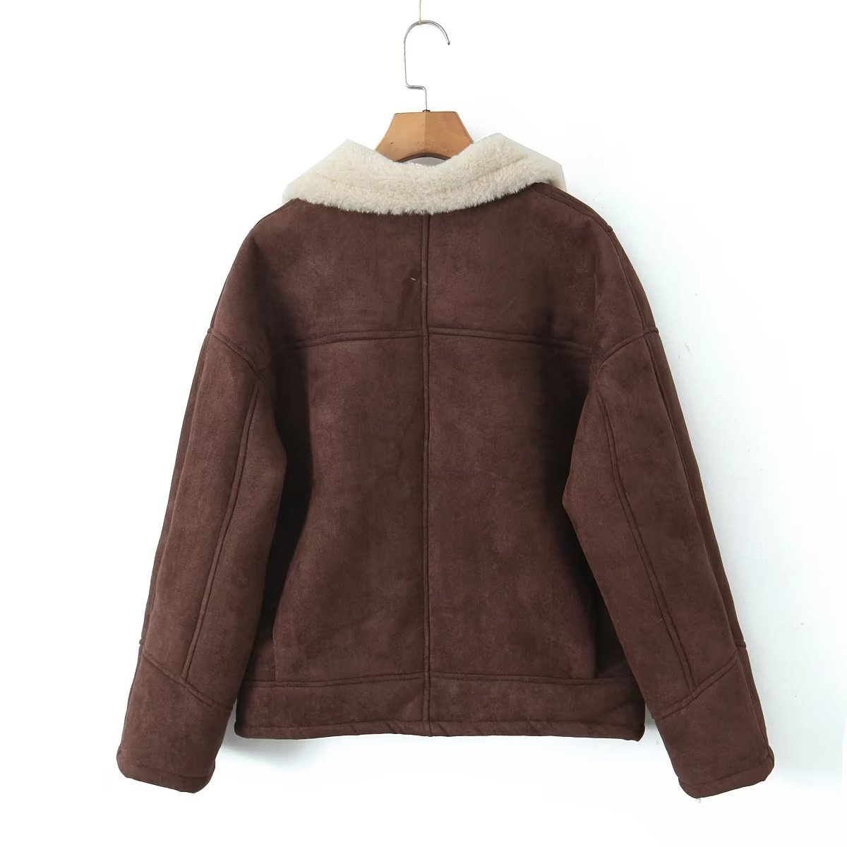 Women Clothing Autumn Winter Retro Lamb Wool Collared Loose Casual Warm Jacket