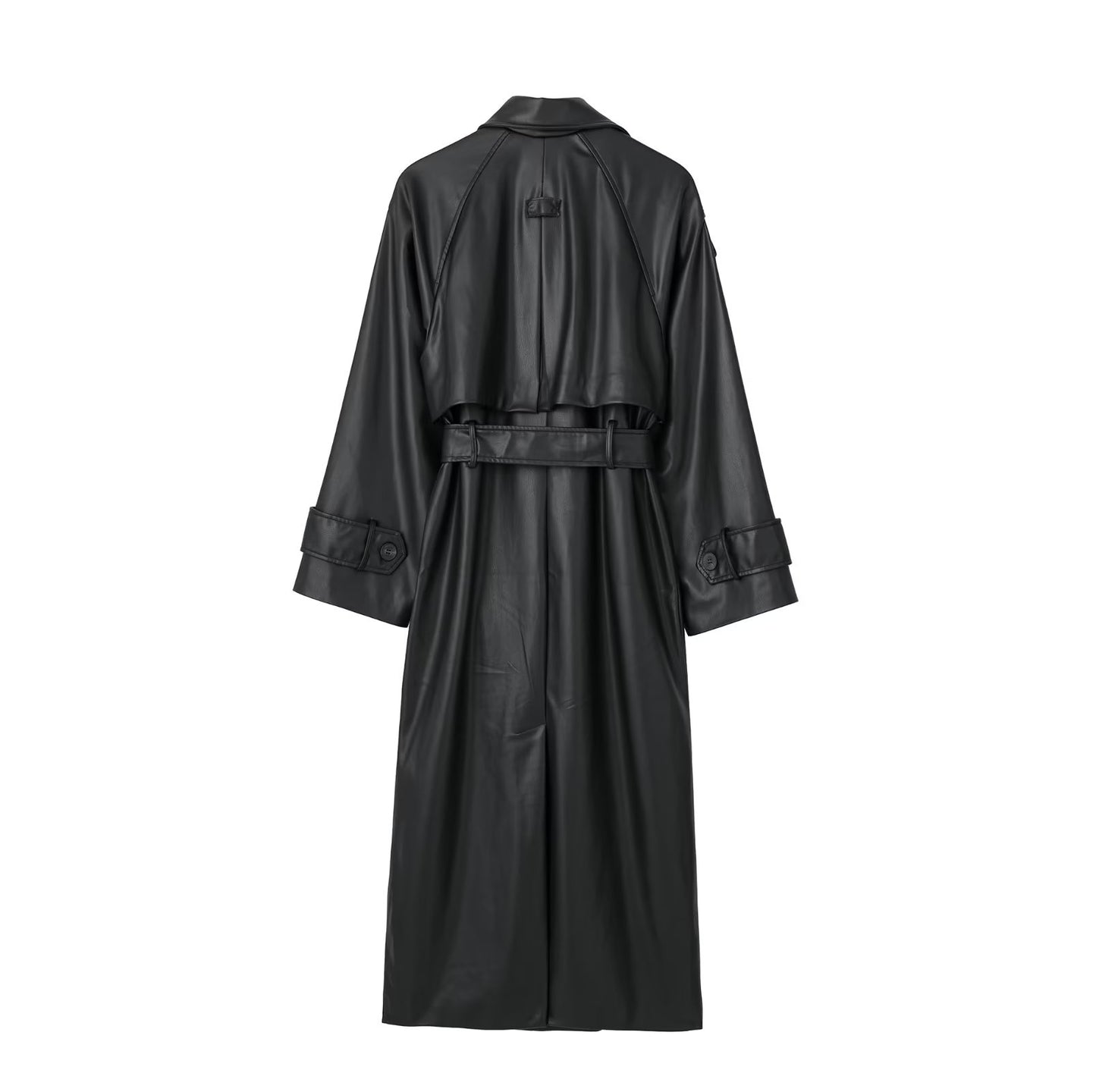 Trench-Coat en Faux cuir pour femme, vêtement Long noir avec ceinture, assorti avec tout, printemps-automne