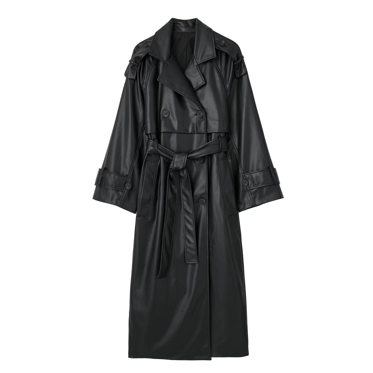 Trench-Coat en Faux cuir pour femme, vêtement Long noir avec ceinture, assorti avec tout, printemps-automne