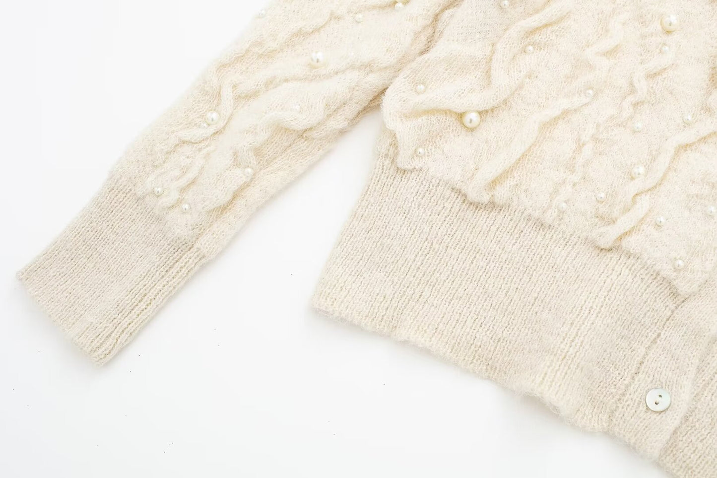 Otoño Invierno mujer Artificial decorado perlas textura blanco tejido tejido abrigo cárdigan suéter