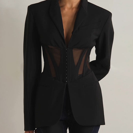 Automne désossage Corset taille maille couture voir à travers la conception Blazer mi-long Blazers