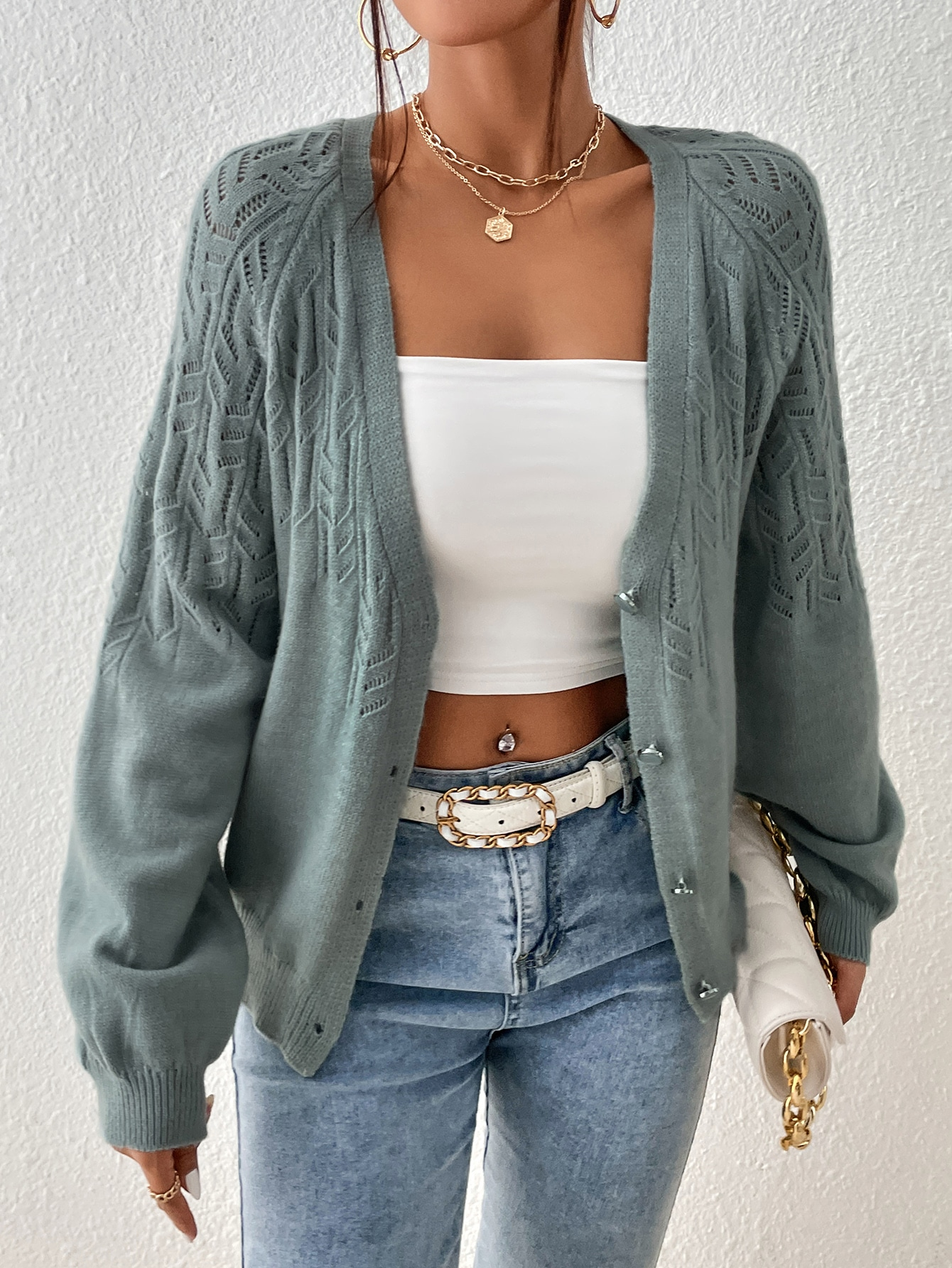 Geometric Abstract Pattern V Neck Cardigan Knitted Single Breasted Solid Color Sweater Women Long Sleeve Short Cardigan