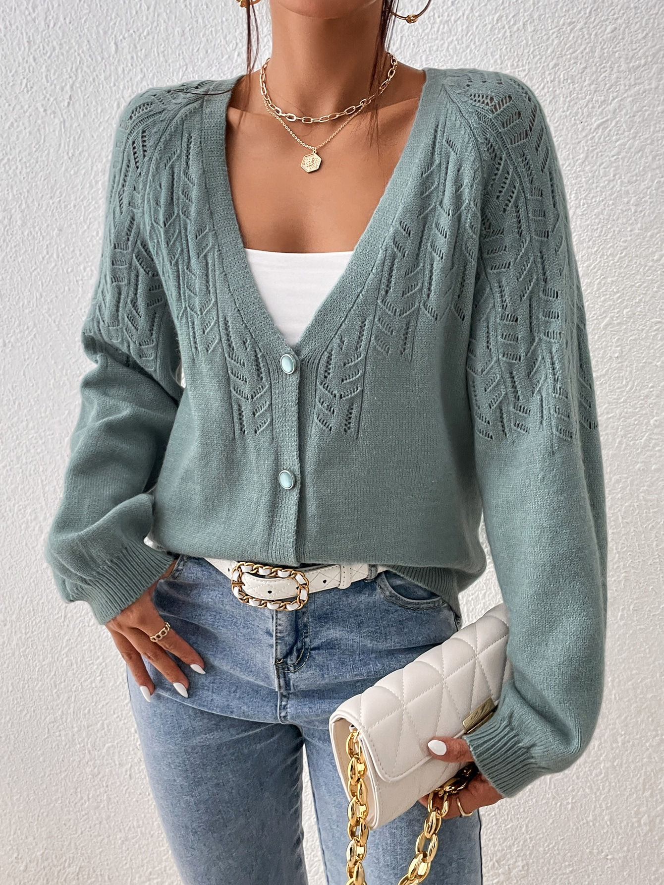 Geometric Abstract Pattern V Neck Cardigan Knitted Single Breasted Solid Color Sweater Women Long Sleeve Short Cardigan