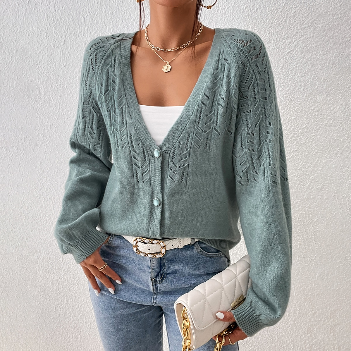 Geometric Abstract Pattern V Neck Cardigan Knitted Single Breasted Solid Color Sweater Women Long Sleeve Short Cardigan