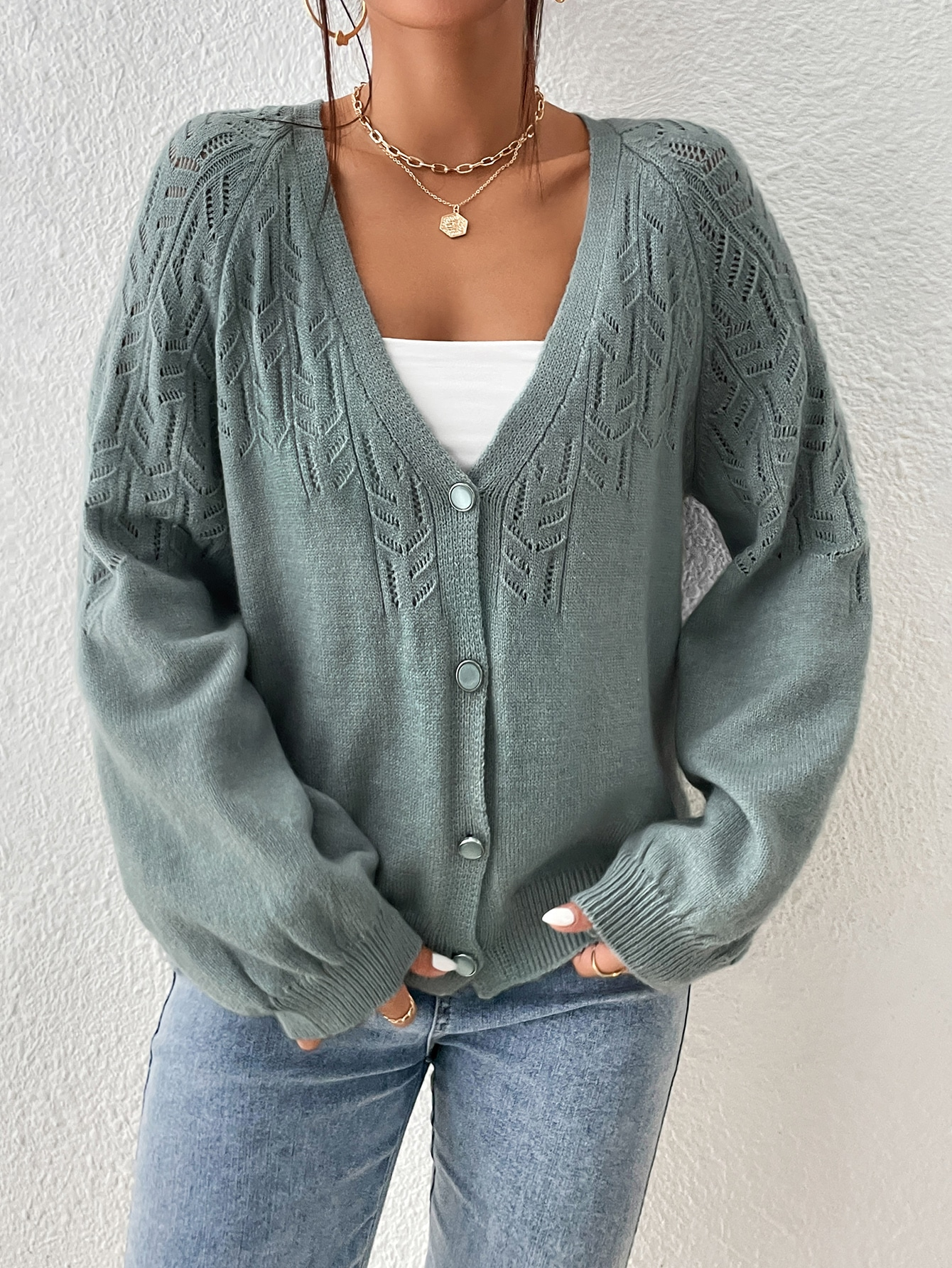 Geometric Abstract Pattern V Neck Cardigan Knitted Single Breasted Solid Color Sweater Women Long Sleeve Short Cardigan