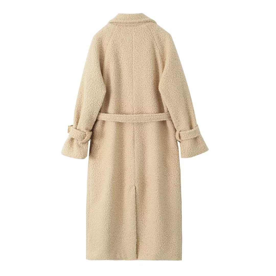 Winter Women Clothing All Match Bead Leather Tweed Long Woolen Coat