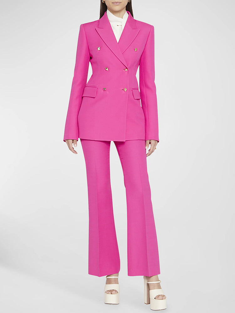 Star Square Buckle Slim Blazer Flared Pants Suit Two Piece Suit