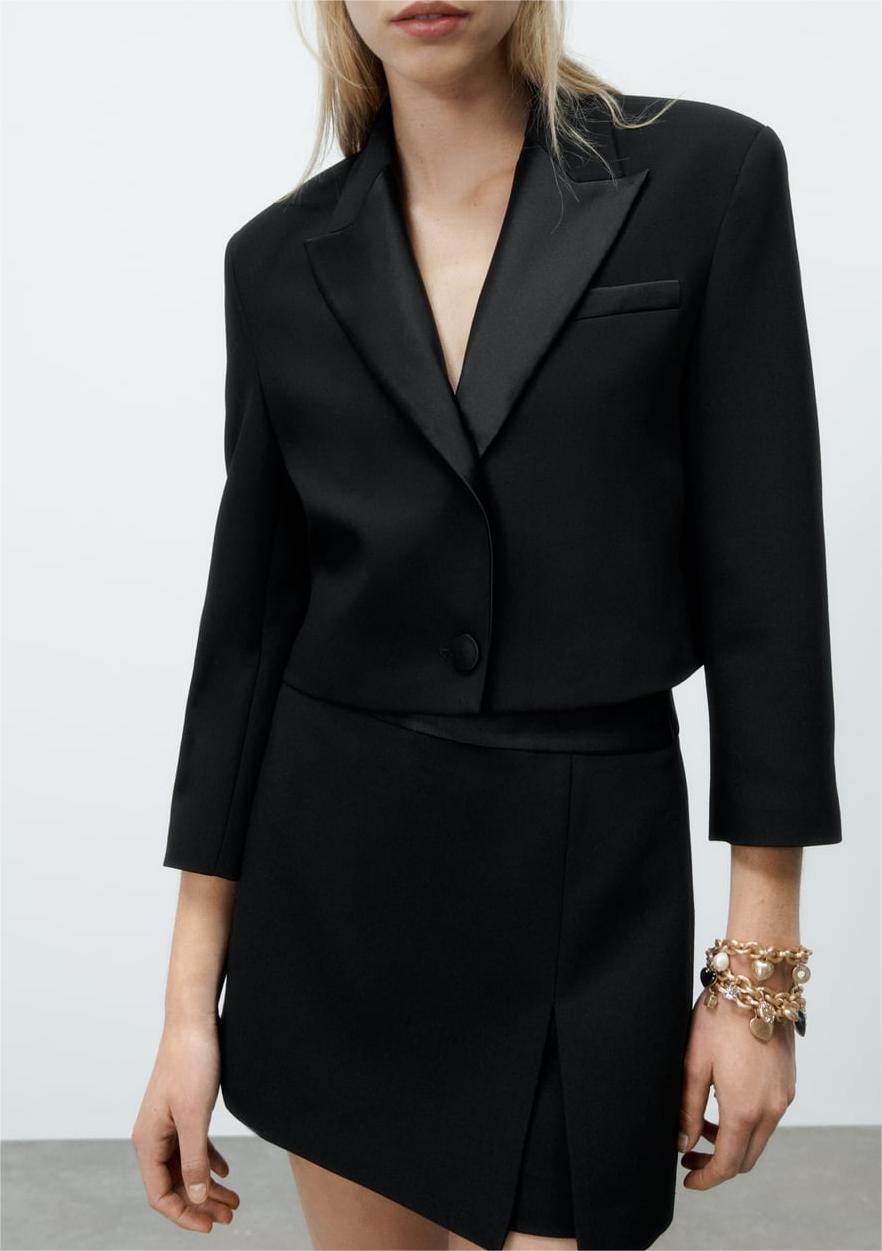 Ensemble de costume blazer court à col texturé en satin de soie pour femme