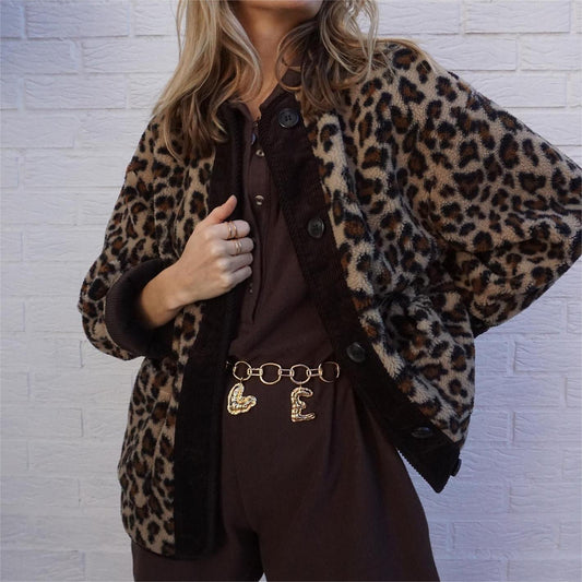 Abrigo de lana de cordero con estampado de leopardo holgado y a juego para mujer, ropa de invierno a la moda