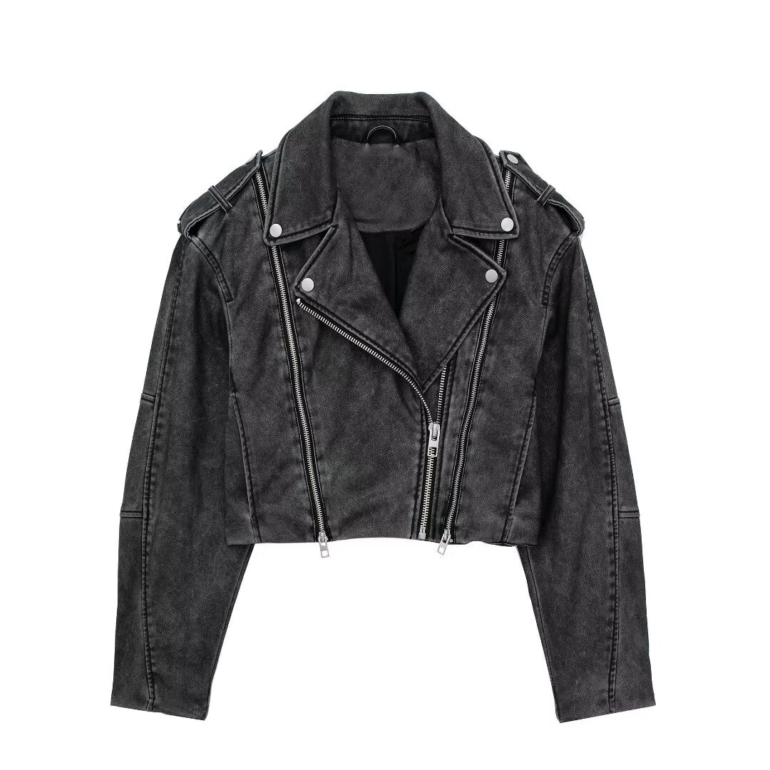 Manteau de veste de moto en simili cuir effet vieilli pour femme