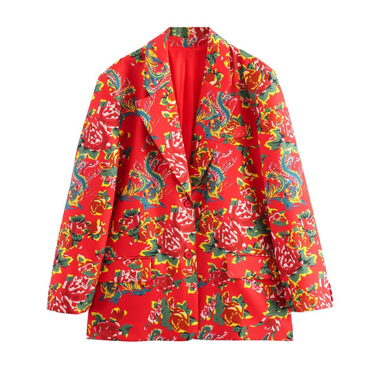 Ropa de mujer de otoño Traje blazer holgado con estampado floral grande del noreste