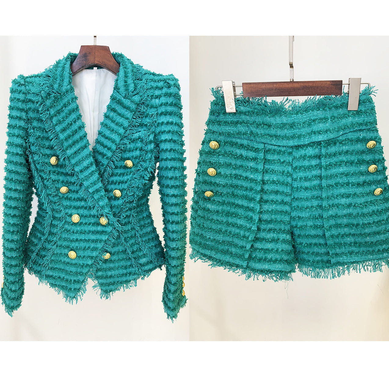 Conjunto de blazer ajustado de tweed con flecos y borlas de estrellas para otoño e invierno