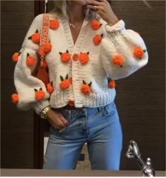 Sweet Sweater Cardigan Autumn Winter Women Hand Crocheting Floral Loose Fitting V Neck Long Sleeves Thick Knitted Cardigan Coat