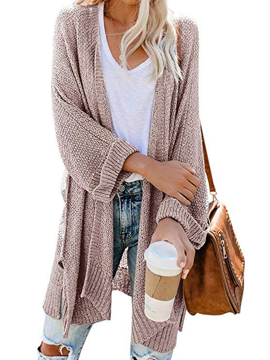 Automne Hiver Grande Taille Femmes Manteau Mi-Long Couleur Unie Tricoté Cardigan Pull Femmes