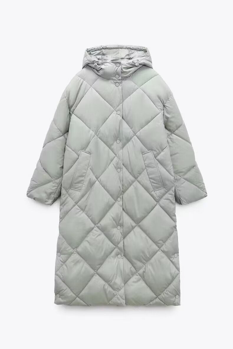 Femmes vêtements hiver coton veste diamant treillis Long sous le genou à capuche chaud coton manteau