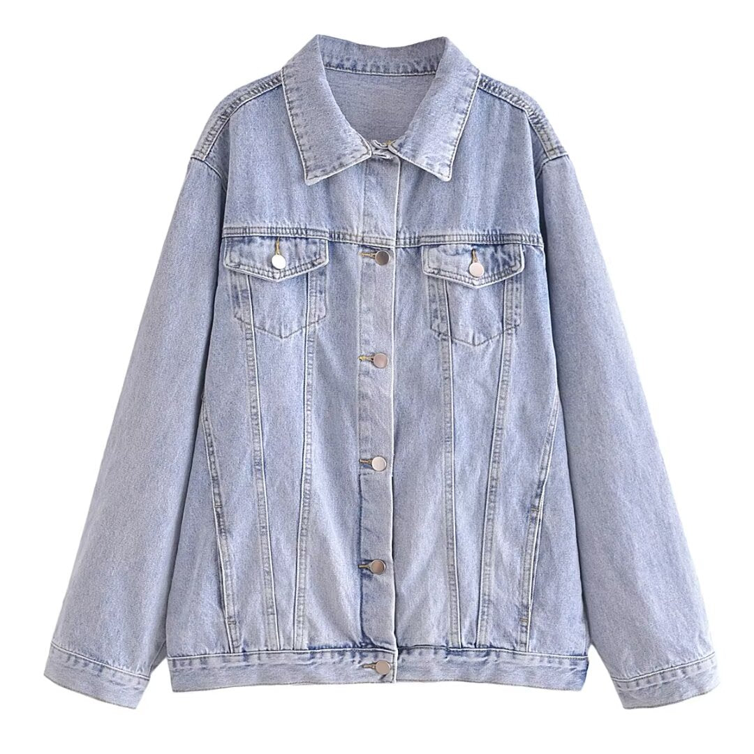 Fall Women Clothing All Matching Loose Casual Collared Button Decoration Long Sleeve Denim Jacket