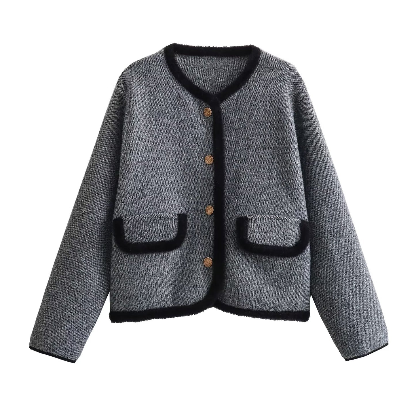 Vêtements d'hiver pour femmes, manteau tricoté à la mode, gris, col rond, garniture classique, poche, assorti avec tout