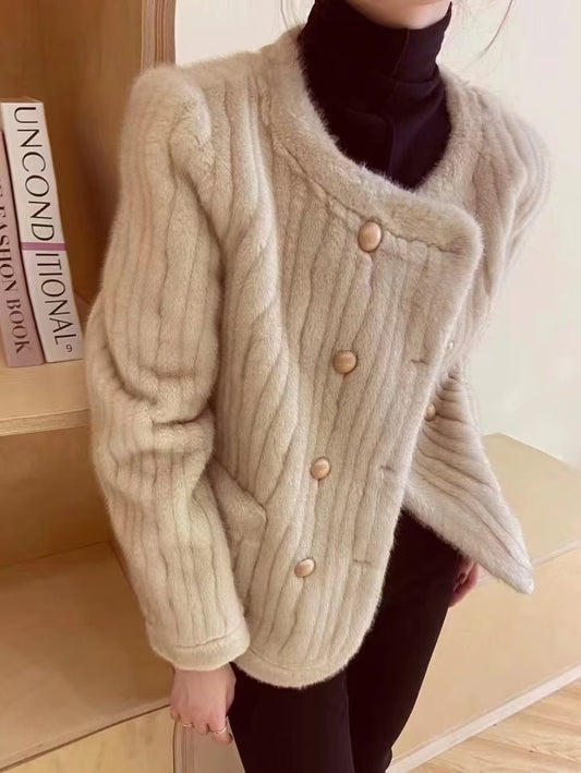 Chaqueta de invierno de imitación de visón hundida a rayas clásica con doble botonadura de piel de oveja sintética abrigo corto suelto para mujer