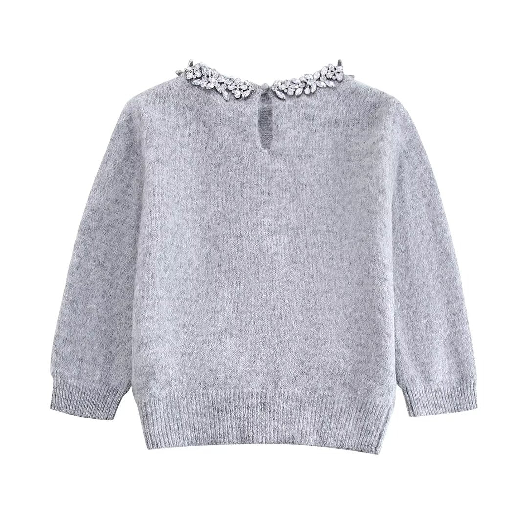 Winter Women Clothing Rhinestone Collar Sweater Knitwear