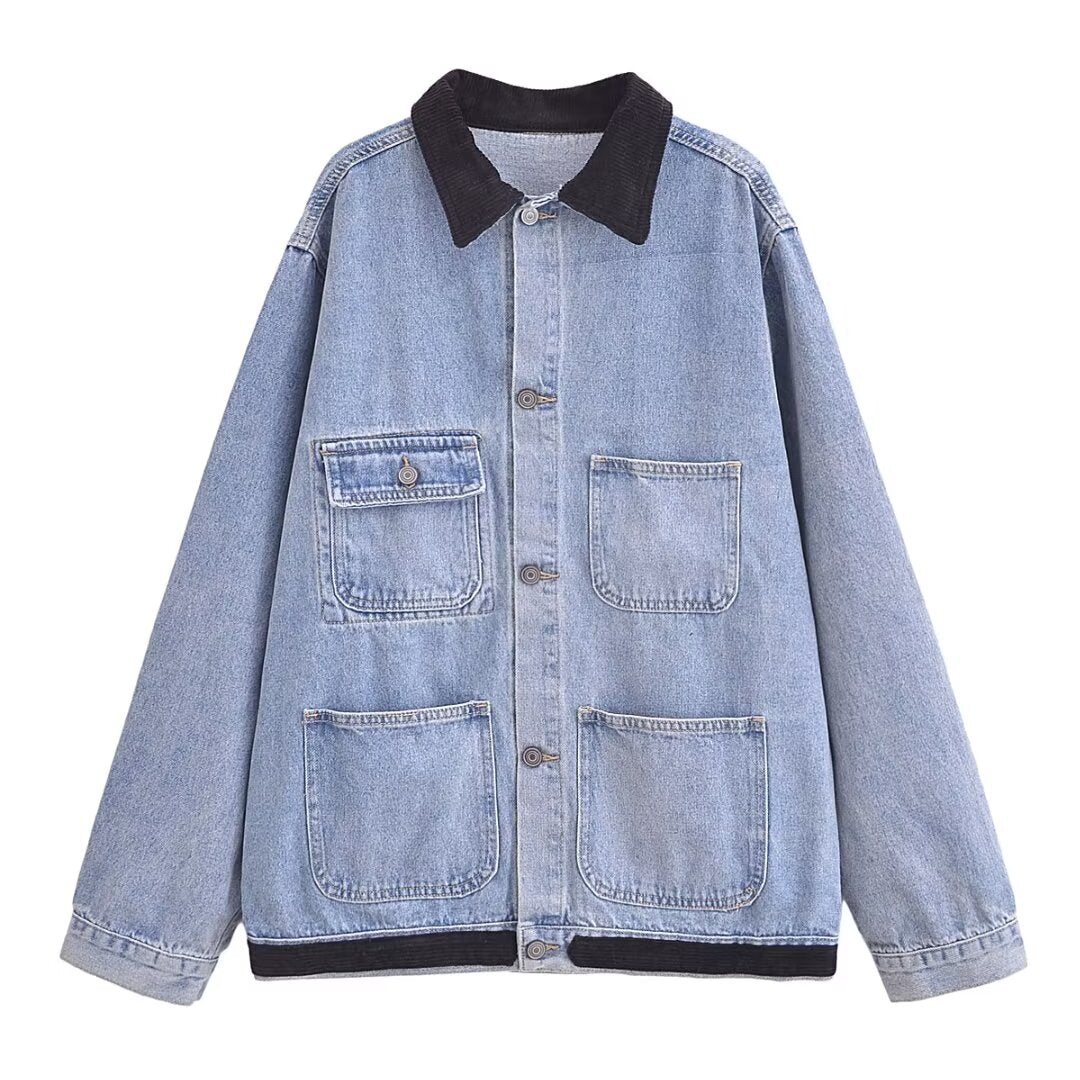 Women Clothing Fashionable All Match Color Matching Multi Pocket Decoration Loose Casual Denim Jacket