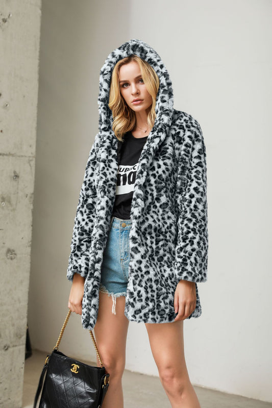 Winter Super Thick Hooded Leopard Coat Fur Mid Length Women Faux Fur Coat