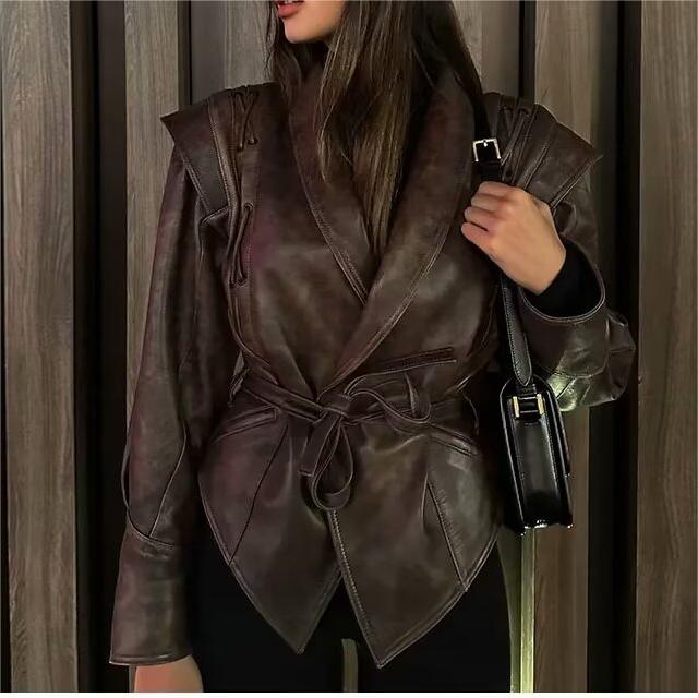 Winter Women Clothing Casual All Match Coffee Brown Leather Coat