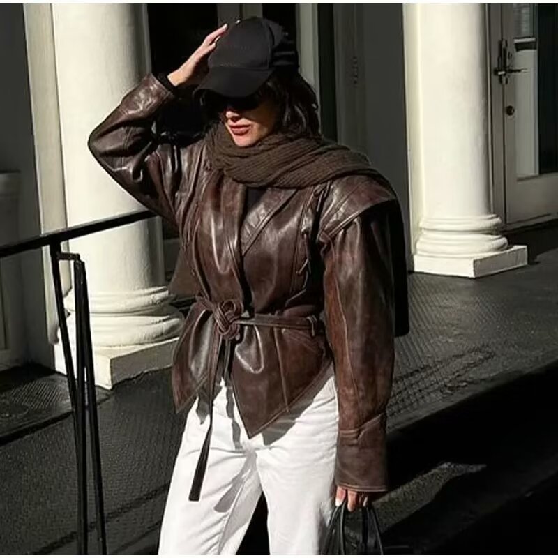 Winter Women Clothing Casual All Match Coffee Brown Leather Coat