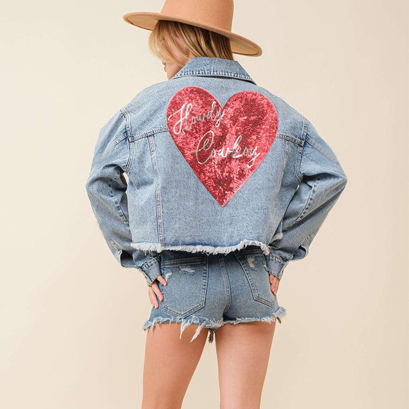 Valentine Day Love Chaqueta vaquera con lentejuelas, top corto deshilachado para mujer