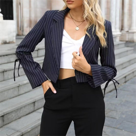 Fall Women Clothing Retro Tailored Collar Long Sleeve Striped Short Blazer