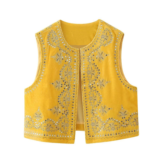 Spring Autumn National National Jacquard Embroidered Waistcoat Vest Top for Women