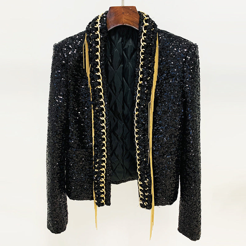 Goods Stars Heavy Industry Tassel Chain Sequined Green Fruit Collar Jacket Cardigan Coat