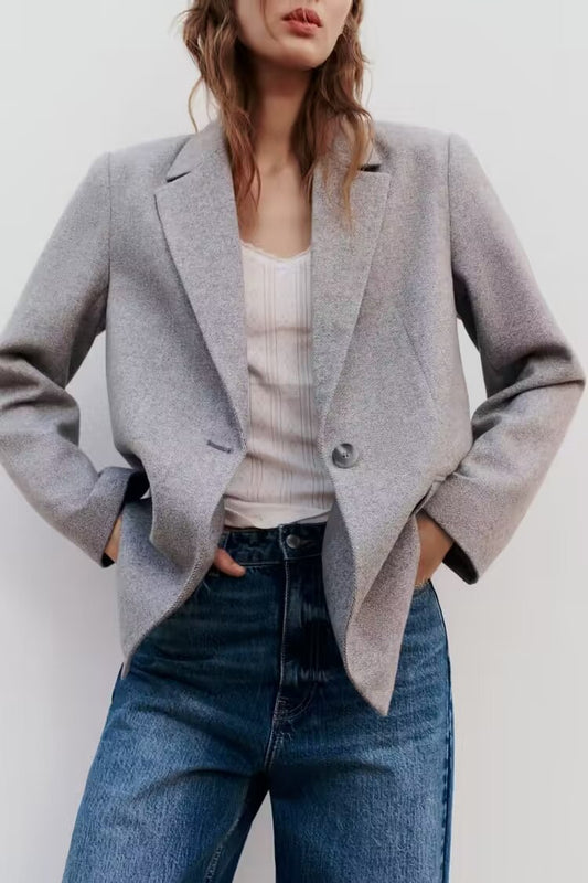 Spring Women Herringbone Twill Straight Cut Blazer