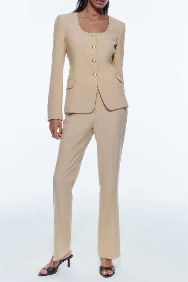 Costume Blazer à col rond et pantalon évasé taille haute pour femme