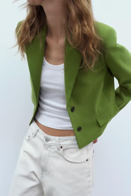 Blazer court décontracté avec poches et simple boutonnage pour femme, printemps