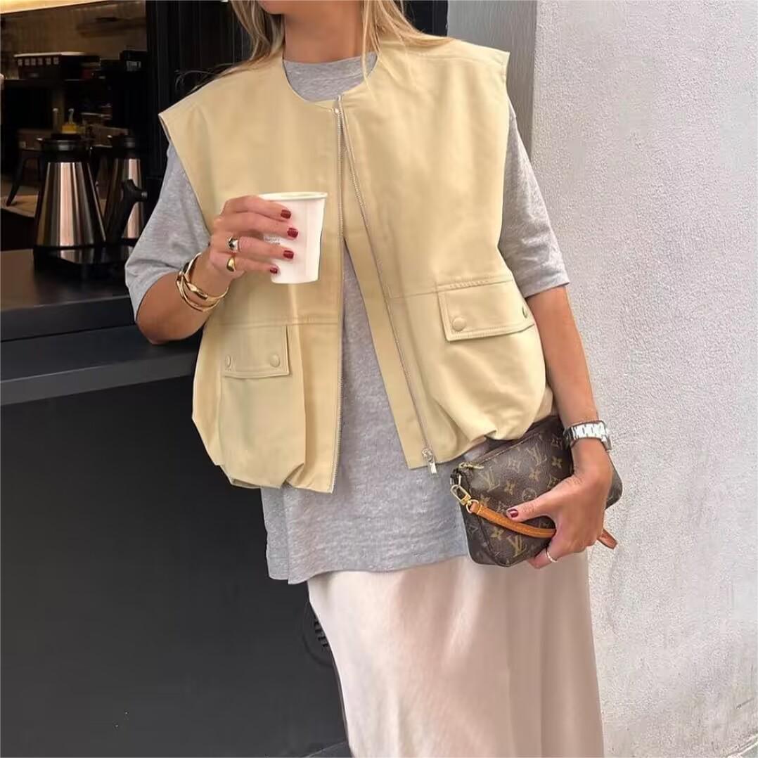 Autumn Sleeveless Solid Color Pleated Hem Loose Zip Vest Women