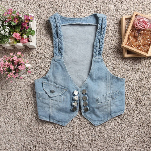 Summer Women's Collection Korean Twist Braid Denim Vest Small Waistcoat Workwear Vest