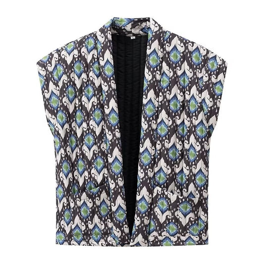 Spring Women Clothing Casual All Match Cardigan Printed Vest