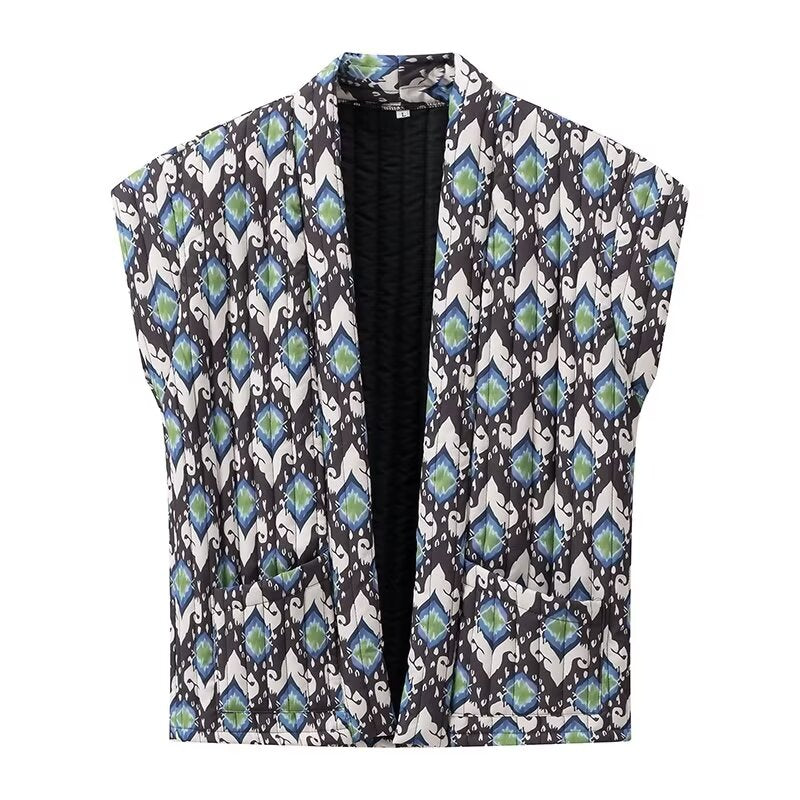 Spring Women Clothing Casual All Match Cardigan Printed Vest