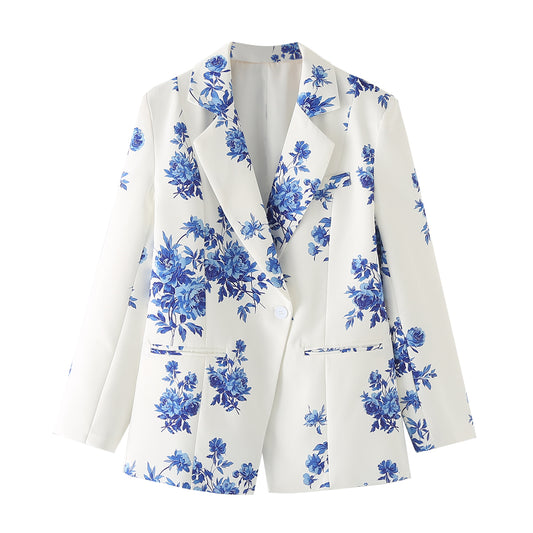 Spring Women Clothing Blue White Porcelain Loose Blazer for Women