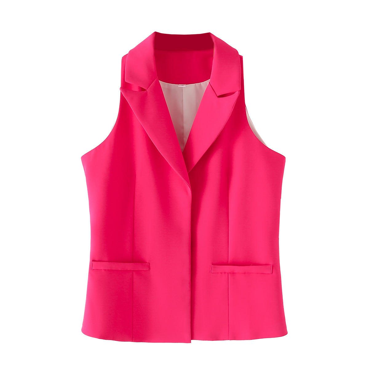 Spring Women All Match Collar Sleeveless Single-Breasted Pocket Slim Vest