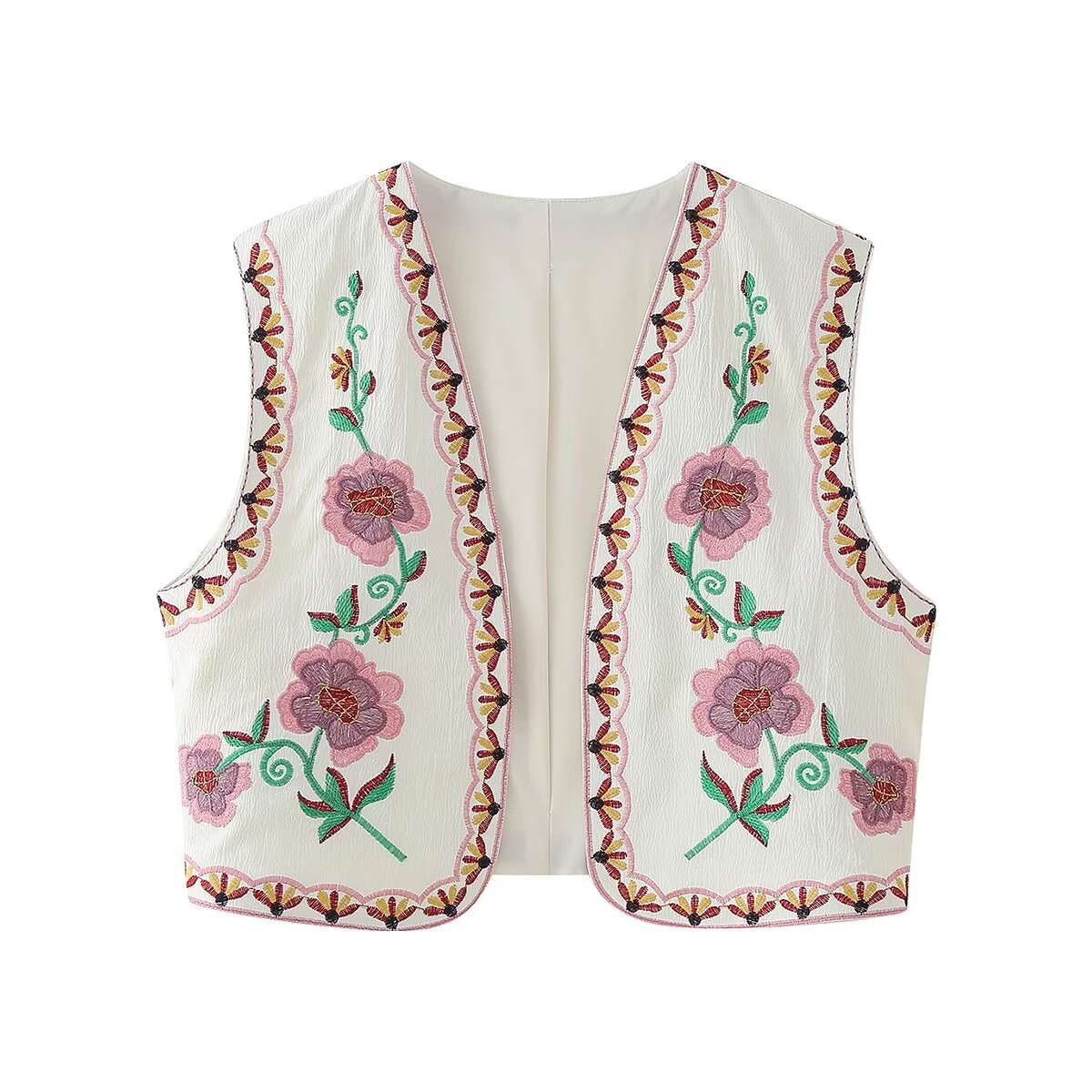 Women Clothing Summer Elegant Contrast Color Embroidered Short Vest