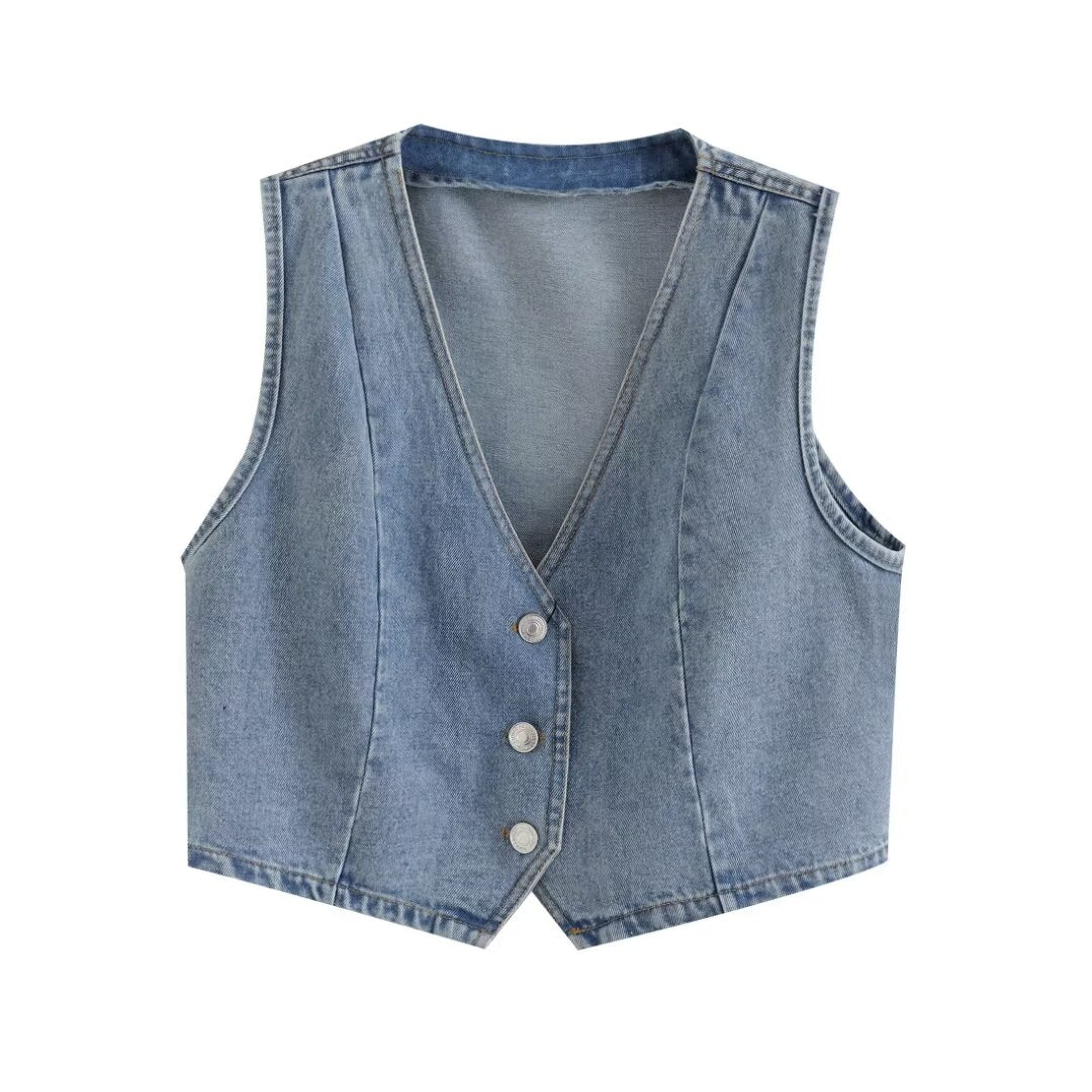 Gilet en jean court boutonné coupe slim pour femme