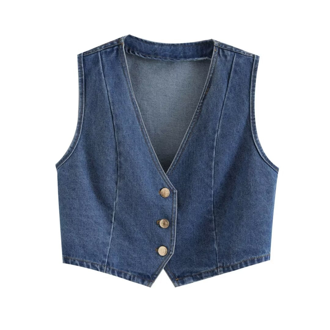 Gilet en jean court boutonné coupe slim pour femme