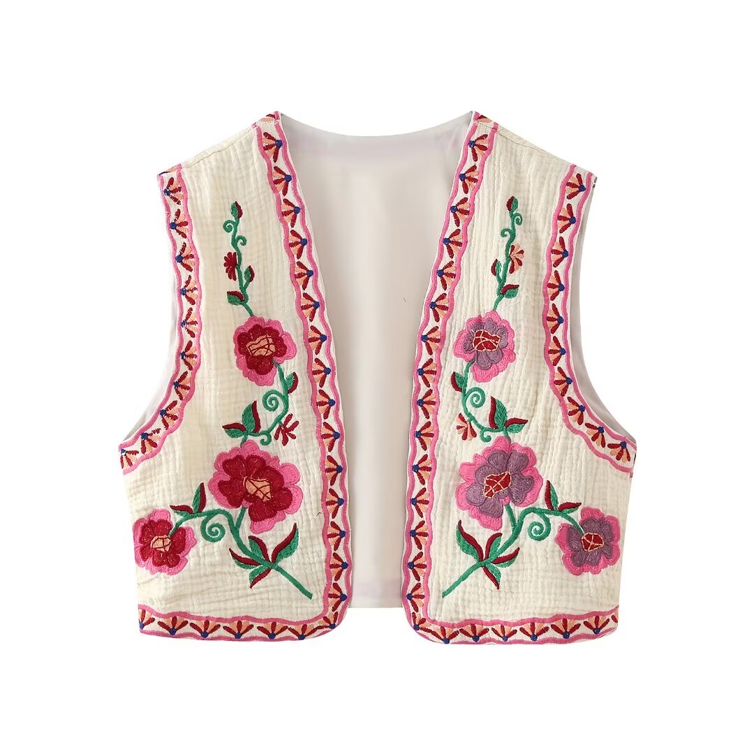 Summer National Artistic Retro V neck Loose Embroidery without Buckle Cardigan Short Vest Vest