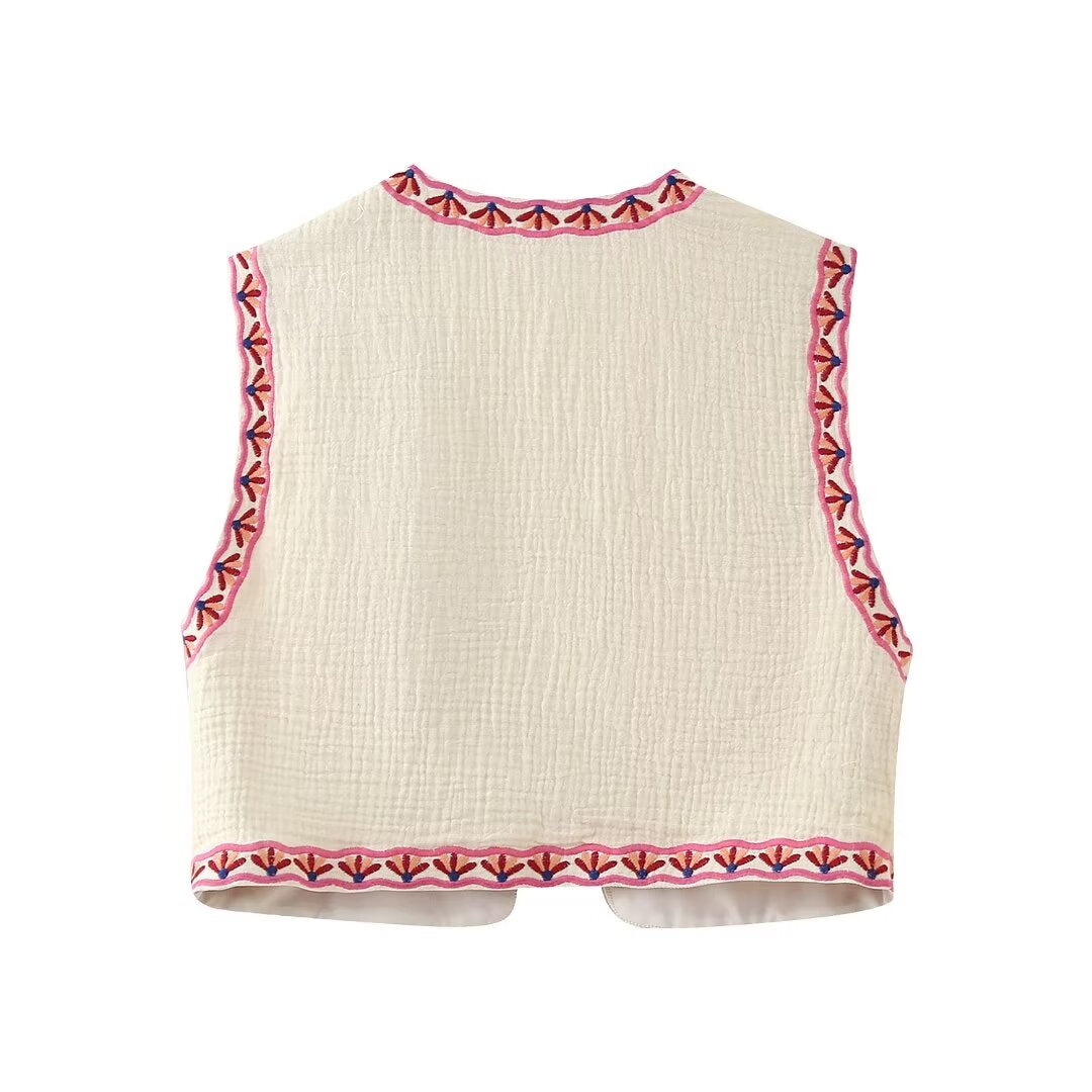 Summer National Artistic Retro V neck Loose Embroidery without Buckle Cardigan Short Vest Vest