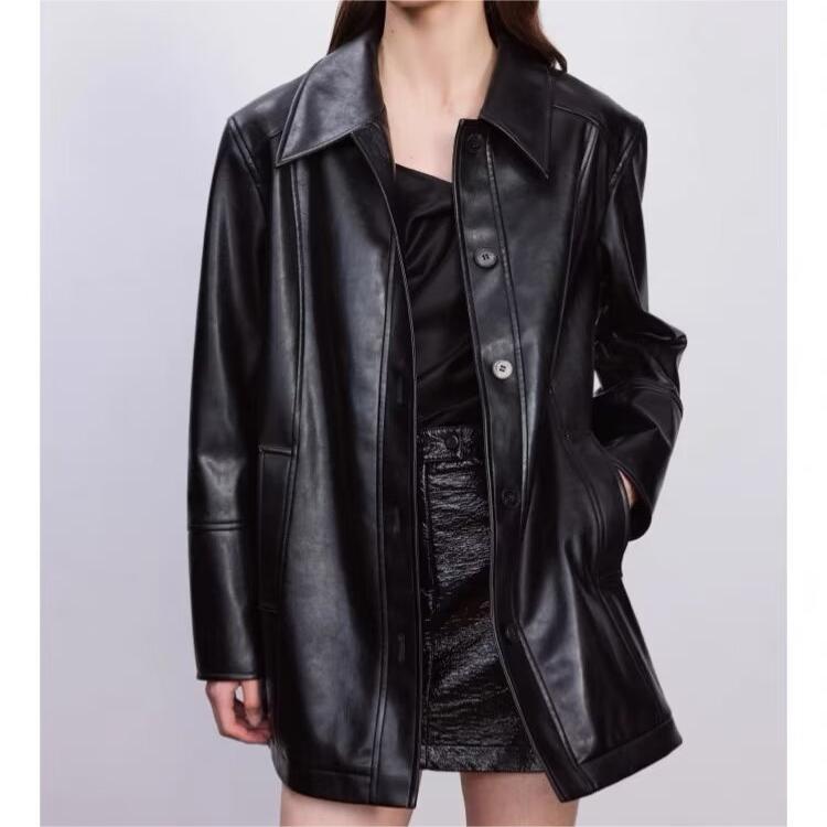 Trench-Coat en cuir à manches longues et col de chemise pour femmes, vêtements de printemps assortis avec tout