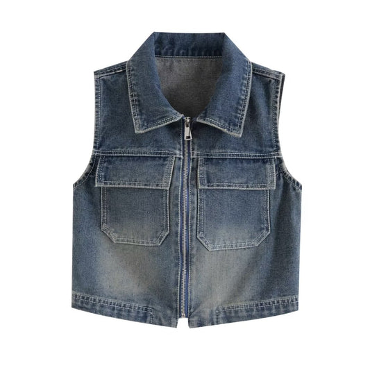 Women Clothing Summer French Street Retro Easy Matching Zip Placket Sleeveless Denim Vest Top