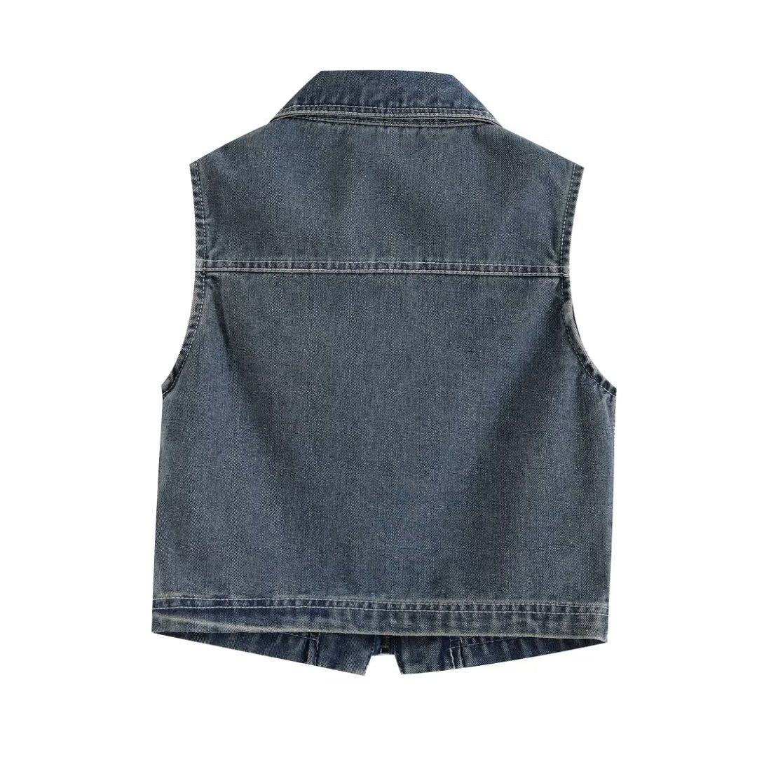 Vêtements d'été pour femmes, style rétro français, facile à assortir, avec patte zippée, sans manches, en jean