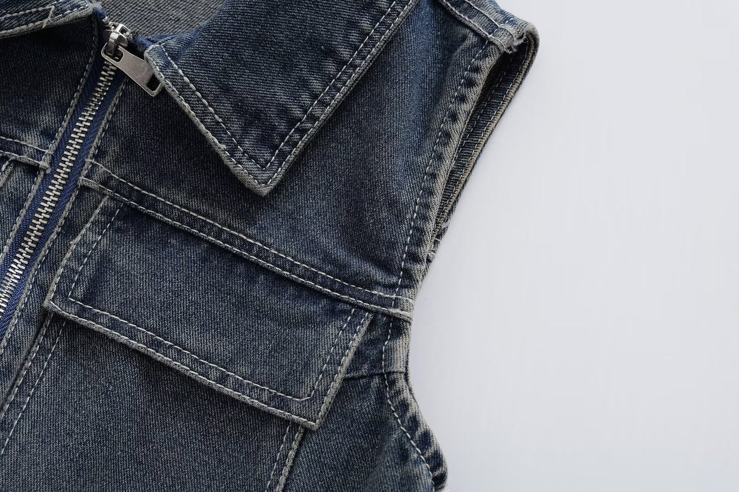 Vêtements d'été pour femmes, style rétro français, facile à assortir, avec patte zippée, sans manches, en jean